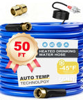 Front view: SGNJT 50 ft heated drinking water hose for RV, blue with brass fittings