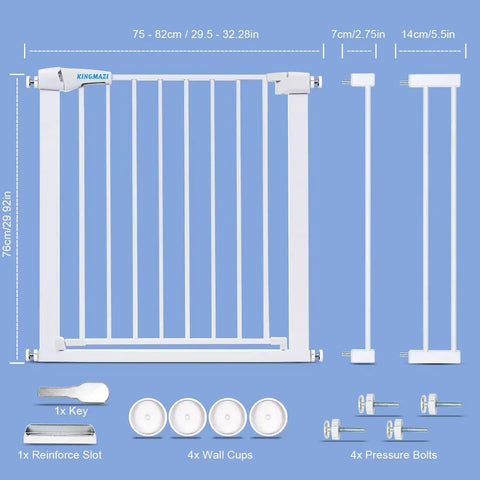 Heavy Duty Pet Safety Gate With Auto Close, Extra Tall And Wide, parts layout with extensions and mounting components