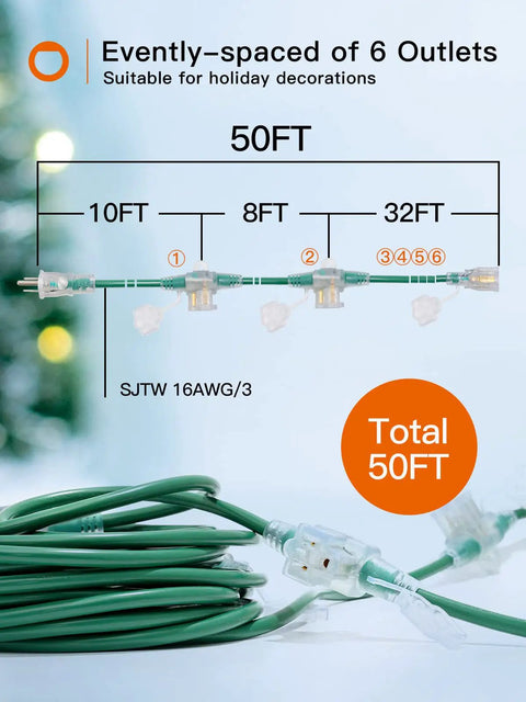 Diagram of 50Ft Outdoor Extension Cord With 6 Outlets Evenly Spaced Weatherproof 16 Gauge 3 SJTW Power Cable ETL Listed