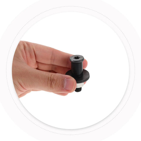 Hand holding Rock Solid Black Tailgate Striker Bolt With Bushing Replacement Kit Prevents Pickup Truck Gate Rattle And Loose Movement Stops Jiggling Noises Keeps Rear Latch Locked Tight Securely Fits Various Makes Models Light Duty Vehicles Easy Install