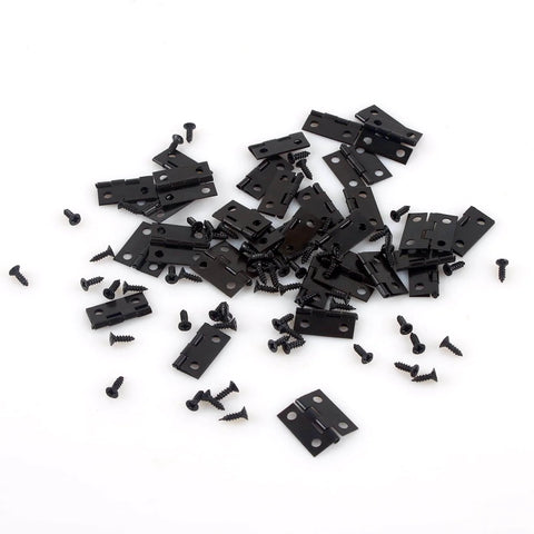 Tiny 18x15mm Wooden Box Hinges Set With 200 Screws For DIY Jewelry Boxes Black Small Folding Butt Hinges Retro Style Hardware For Crafts Durable And Easy To Install Hinges scattered on a surface.