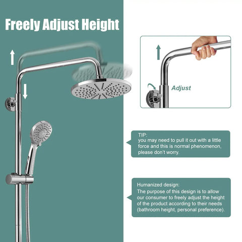 Adjustable Exposed Chrome Shower System With 8 Inch Rainfall Shower Head, ABS Handheld Sprayer, Wall Mount, Slide Bar