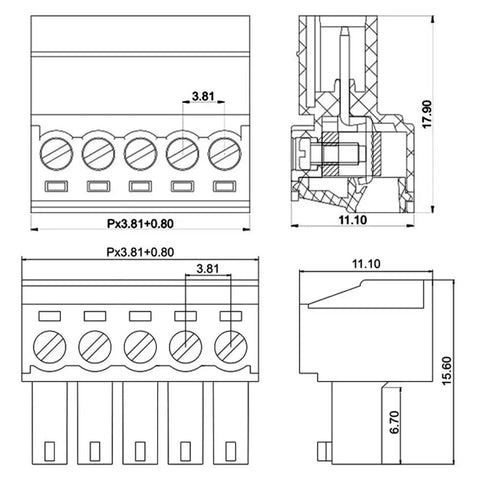 Technical drawing of 5 Pin Screw Terminal Block Connector With 3.81 Millimeter Pitch 300 Volt 8 Amp For 28 16 AWG Wire