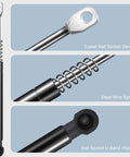 Close-up of Seven Point Five Inch 18 Pound Gas Strut Lift Support featuring eyelet ball socket, steel wire spring, and nylon band.