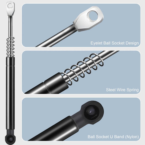 Close-up of Seven Point Five Inch 18 Pound Gas Strut Lift Support featuring eyelet ball socket, steel wire spring, and nylon band.