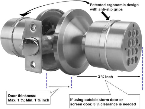 Electronic Door Knob With Front Keypad, Spring Latch Lock, DIY Install showing ergonomic design and size details.
