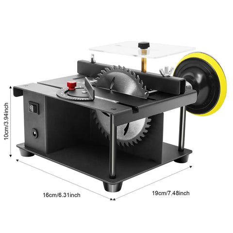Compact Mini Table Saw For DIYers with adjustable angle, 1.38 inch depth, dual copper motor, and safety guard, side view.