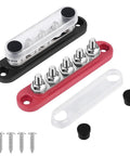 Top Shelf Heavy Duty 12V Bus Bar Power Distribution Block With Five By One Quarter Inch Studs in red and black with screws.