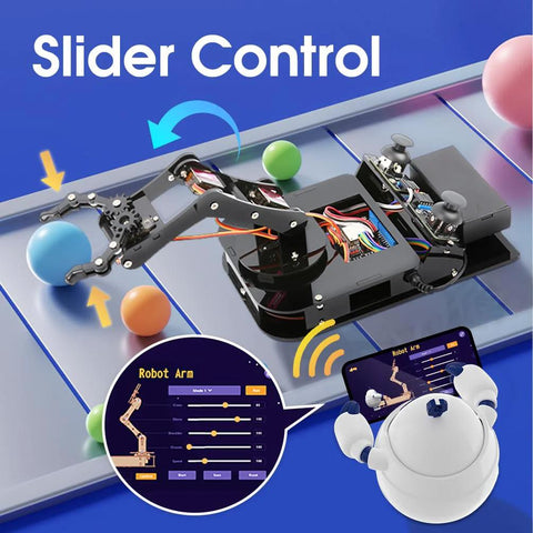 ACEBOTT 4-DOF ESP32 Robotic Arm Kit; app-controlled toy compatible with Arduino, shown with smartphone control