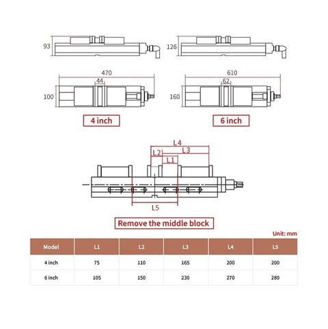 Technical diagram of Heavy Duty Machine Vise Featuring Rock Solid Flat Nose Jaws Six Inch Double Opening Bench Clamp dimensions and models.