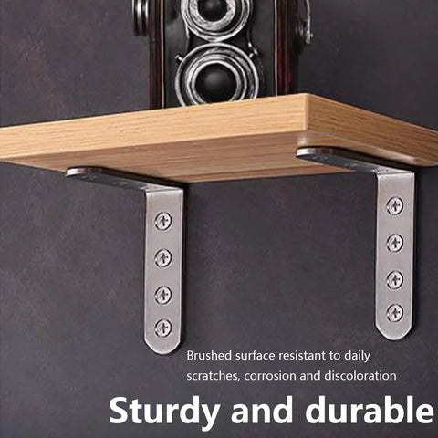 Heavy Duty L Shaped Shelf Brackets Set, Stainless Steel Corner Braces supporting wooden shelf, Right Angle Wall Mounts showcased