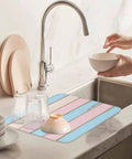 Pink Blue Wood Grain Drying Mats For Kitchen Counter And Sink with glassware, reversible microfiber, 16x18 inches, modern decor.