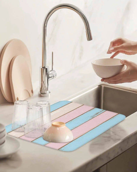 Pink Blue Wood Grain Drying Mats For Kitchen Counter And Sink with glassware, reversible microfiber, 16x18 inches, modern decor.