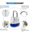 Keyed Alike Laminated Steel Padlocks With Standard Shackle For Hasps, Sheds, Fences, Storage Lockers, Schools, Gyms, And More, Heavy Duty Beefy Indoor Outdoor Locks Built To Last, 6 Pack shown with features like brass lock core and hardened shackle