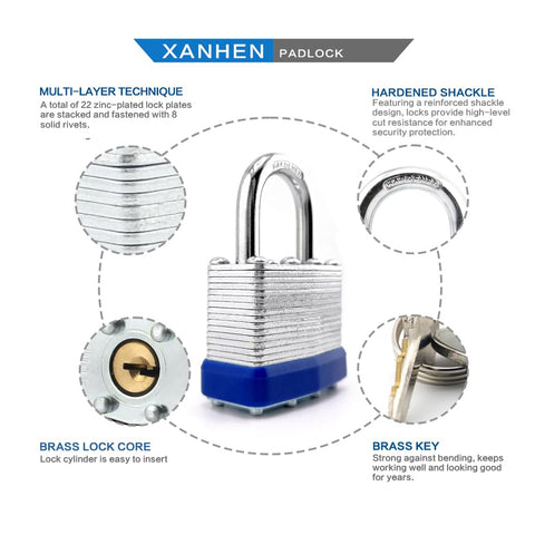 Keyed Alike Laminated Steel Padlocks With Standard Shackle For Hasps, Sheds, Fences, Storage Lockers, Schools, Gyms, And More, Heavy Duty Beefy Indoor Outdoor Locks Built To Last, 6 Pack shown with features like brass lock core and hardened shackle