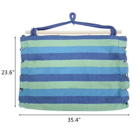 Heavy Duty Hammock Chair Hanging Rope Swing With Steel Spreader Bar For Indoor And Outdoor Relaxation Macrame Seat With Two Cushions Supports Up To 550 Lbs Blue Green Stripe showing dimensions 23.6 by 35.4 inches