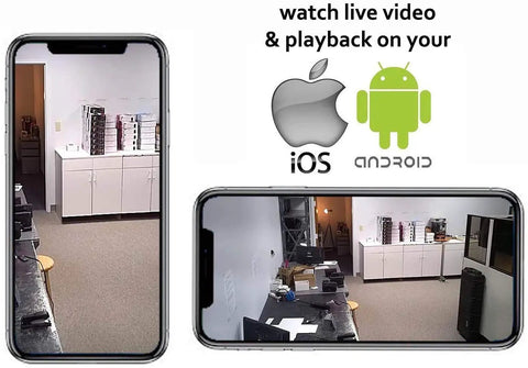 Phone screens showing 1080P HD Smoke Detector Spy Camera WiFi Live Stream Nanny Cam Ceiling Mount 110V AC Plug video surveillance