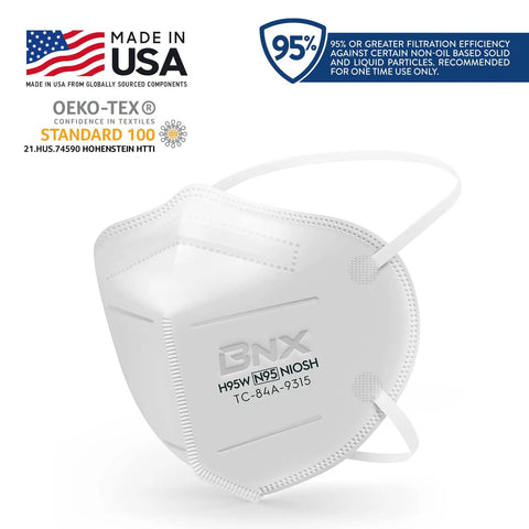 NIOSH Certified N95 Mask 95 Filtration Made in USA White Overhead Headband Respirator 20 Pack Particulate Protection for Dust