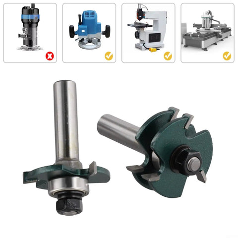 Awesome Woodworking Router Bit Set for Tongue Groove Joint Assembly with 12mm Shank And Microcrystalline Carbide Tips for Smoother Cuts close-up view of two router bits