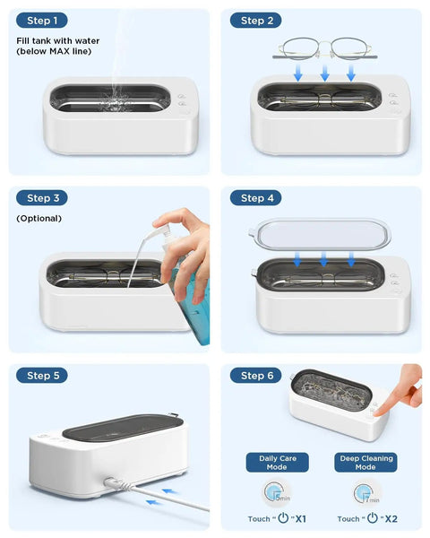 Step-by-step guide for using Ultrasonic Jewelry Cleaner Machine With 48KHz Tech Dual Cleaning Modes 350ML 304 Stainless Steel Tank.