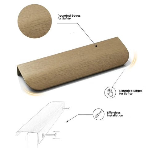 Aluminum Alloy Brushed Bronze Cabinet Pulls 39.37in Hidden Finger Edge Pulls with rounded safety edges, installation diagram shown