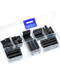 Heavy Duty 66 Piece DIP IC Socket Adaptor Kit With Solder Type Connectors For 6 8 14 16 18 20 24 And 28 Pins Perfect For Your Electronics Repair And DIY Projects Today., clear plastic case with assorted black DIP IC sockets