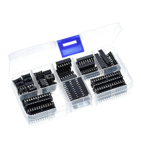 Heavy Duty 66 Piece DIP IC Socket Adaptor Kit With Solder Type Connectors For 6 8 14 16 18 20 24 And 28 Pins Perfect For Your Electronics Repair And DIY Projects Today., clear plastic case with assorted black DIP IC sockets