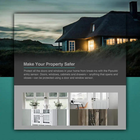 120 dB Door And Window Alarm Sensor Kit 3 Pack for Home Safety and Kids, showing a house with doors and windows.