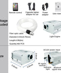 Starlight Headliner Fiber Optic Kit package contents with light engine, remote, cables, and adapters for car EV or home theater ambience.