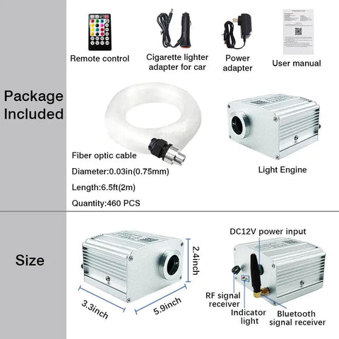 Starlight Headliner Fiber Optic Kit package contents with light engine, remote, cables, and adapters for car EV or home theater ambience.