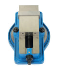 Rock Solid 3 Inch Precision CNC Milling Vise With Swivel Base, close-up view of blue heavy-duty jaw and locking mechanism.