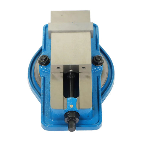 Rock Solid 3 Inch Precision CNC Milling Vise With Swivel Base, close-up view of blue heavy-duty jaw and locking mechanism.