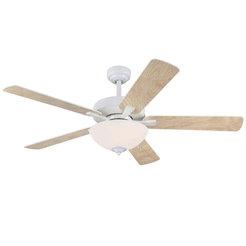 Classic 52 Inch LED Ceiling Fan With Light Kit, Crisp White Finish, Frosted Glass, Reversible White And Maple Blades, Indoor Downrod Mount