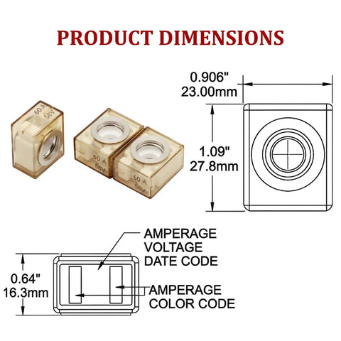 Dead Solid 60 Amp Car Marine Battery Terminal Fuses With IP66 Waterproof Design And No Stress Auto Reset Overload Protection with dimensions.