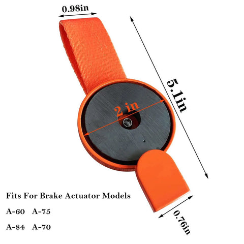 Front view of orange surge brake lockout key with 2-inch round disk and strap for A-60, A-70, A-75, A-84 brake actuators