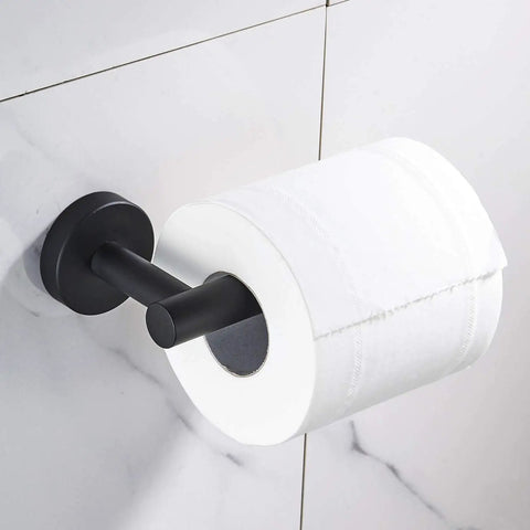 Close-up of open arm toilet paper holder from 5 Piece Black Bathroom Hardware Set With Wall Mounted Towel Bar 24 Inch, SUS304 Stainless Steel Matte Black Finish.