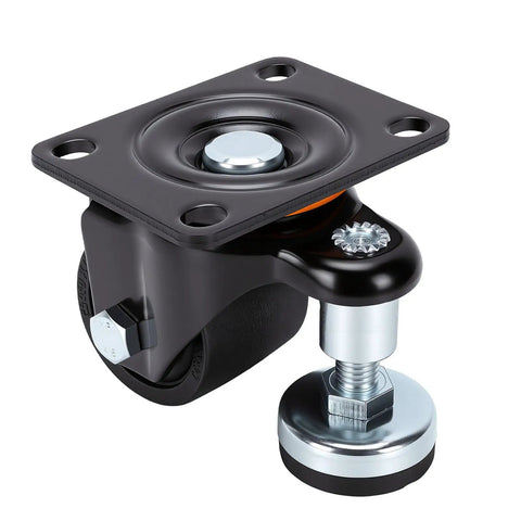 Heavy Duty Leveling Casters With 2.5 Inch Wheels, shop-ready plate mount roller with black and silver design.
