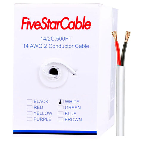 FiveStarCable 14-2 500ft 2 Conductors 14 Guage Electrical Wire in Pull Box showing red and black wires with white sheathing