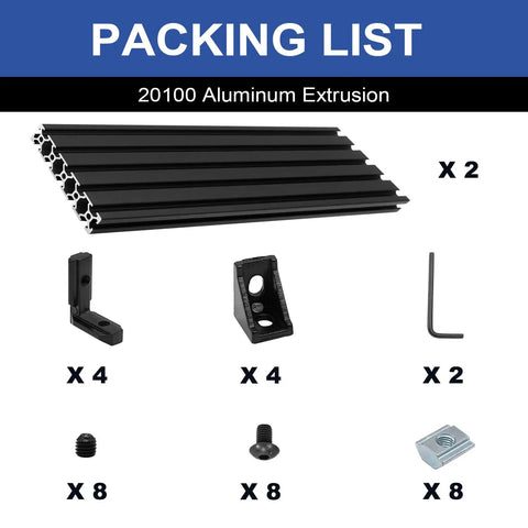 2 Pack 20100 T Slot Aluminum Extrusion 300mm Black T Slot Framing Profile packing list with brackets and screws