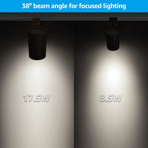 Check Out This Awesome Eight Pack of Dimmable LED H Track Lighting Heads Ideal for Retail Stores Shops and Cafes Offering 550 Lumens of Cool White Light High CRI Rating Matte Black Finish ETL Listed and Super Simple to Install and Adjust shown with 38-degree beam angle.