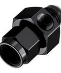 Black 6AN Male Flare To Minus Six Female Swivel Fuel Pressure Takeoff Fitting Adapter Aluminum With One Eighth Inch NPT Gauge Port For Performance Fuel Systems