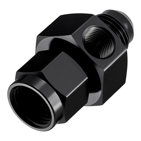 Black 6AN Male Flare To Minus Six Female Swivel Fuel Pressure Takeoff Fitting Adapter Aluminum With One Eighth Inch NPT Gauge Port For Performance Fuel Systems