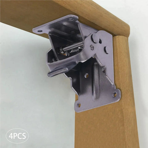 Close-up of a heavy duty self locking furniture hinge mounted on wood, part of a four pack for sturdy setups.