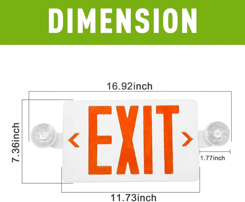 2 Pack Red LED Exit Signs With Emergency Lights, Battery Backup, Adjustable Heads dimensions shown