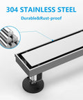 Close-up of 24 Inch Brushed Nickel Linear Shower Drain With Tile Insert Grate, 304 Stainless Steel Rectangle Shower Floor Drain, 2 In 1 Design