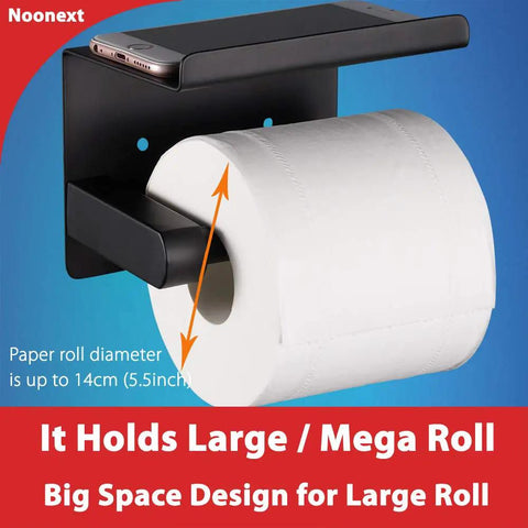 Adhesive Stainless Steel Toilet Paper Holder With Shelf No Drilling Matte Black Mega Roll Dispenser for phones and large rolls