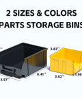 Wall Mounted Storage Bins For Garage Organizer 30 Piece Plastic Tool Bins In Black And Yellow shown in two sizes