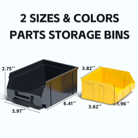 Wall Mounted Storage Bins For Garage Organizer 30 Piece Plastic Tool Bins In Black And Yellow shown in two sizes