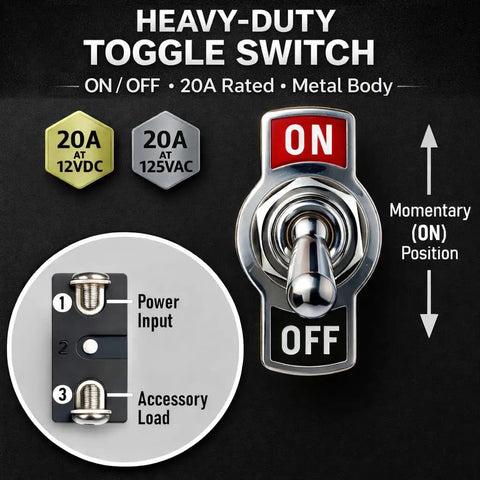 SpeedWare One-Side Momentary Metal Toggle Switch 20 Amp 12VDC 125VAC SPST Panel Mount With Spring Return Momentary On 2-Terminal Screw Terminals 1 Pack, front view
