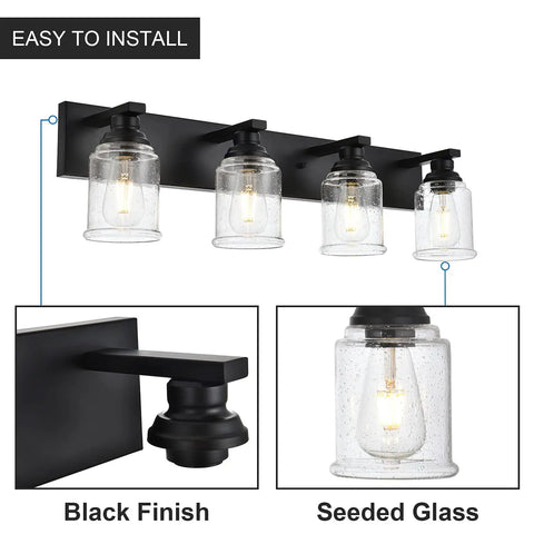 Black Vanity Lights 4-Light Modern Farmhouse Wall Fixtures With Seeded Glass Shades, black finish detail and seeded glass close-up